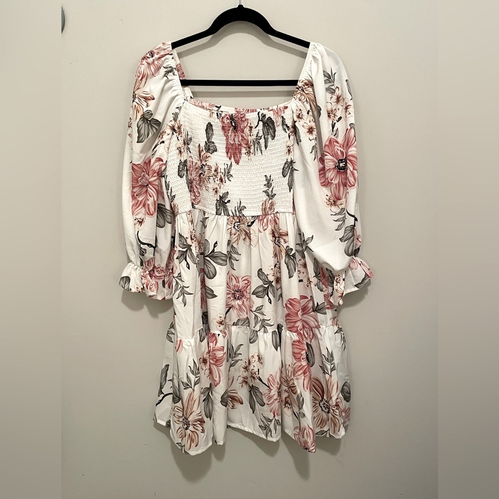 SHEIN VCAY Plus Floral Print Shirred Bodice Flounce Sleeve Dress 1XL